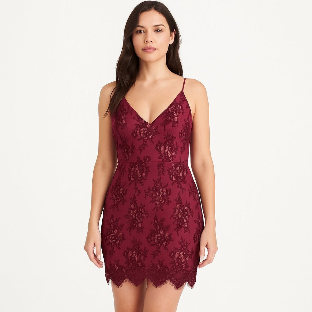 Minuet Womens Cocktail Dress Size Large Purple Lace Lined Spaghetti Strap Deep V